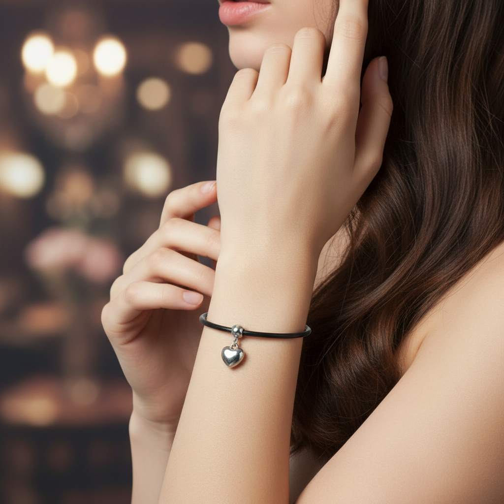 Black Leather Heart Bracelet - Editorial Shot