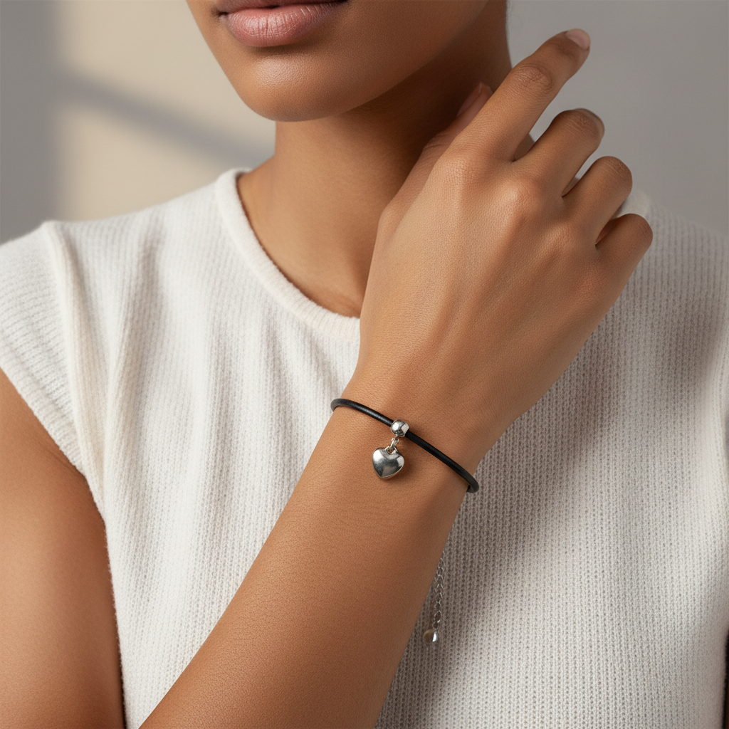 Black Leather Heart Bracelet - Model Shot 1