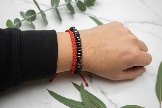 Black Onyx and Obsidian with Red Macrame on wrist