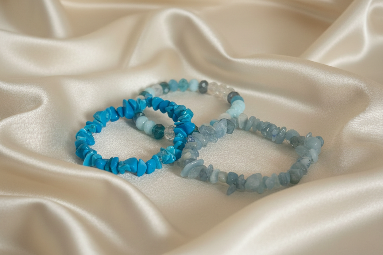 Blue Gemstone Bracelet Set - Satin Background