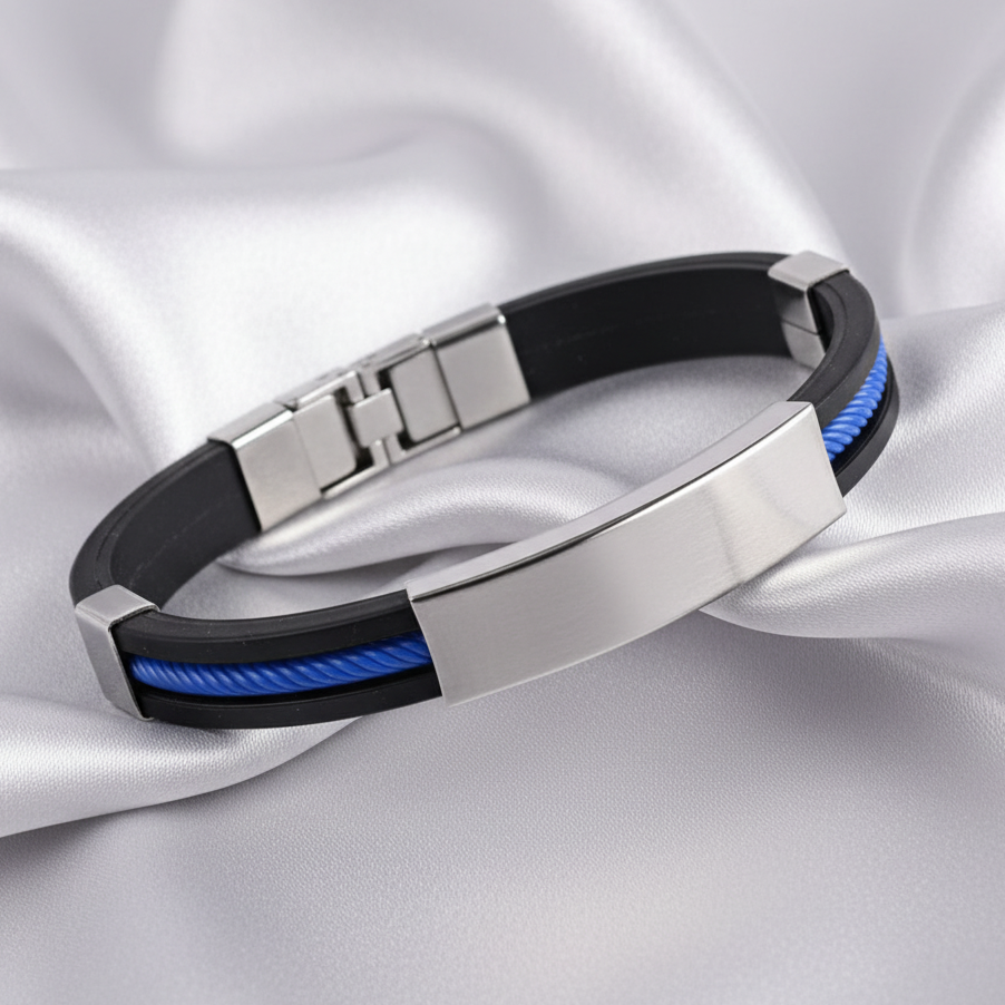 Blue Silicone Steel Bracelet - Satin Background