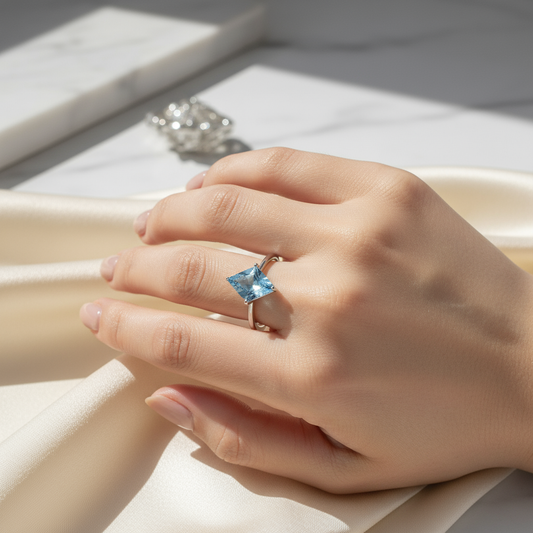 Blue Topaz Ring on Model