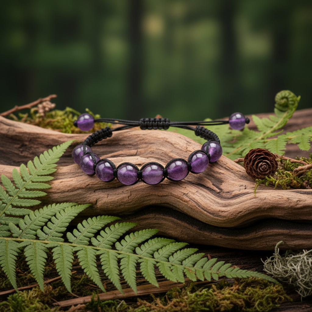 Bracelet on driftwood with ferns