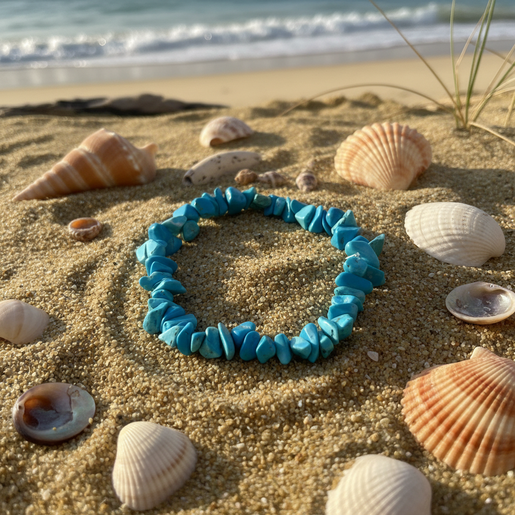 Bracelet on sand with seashells