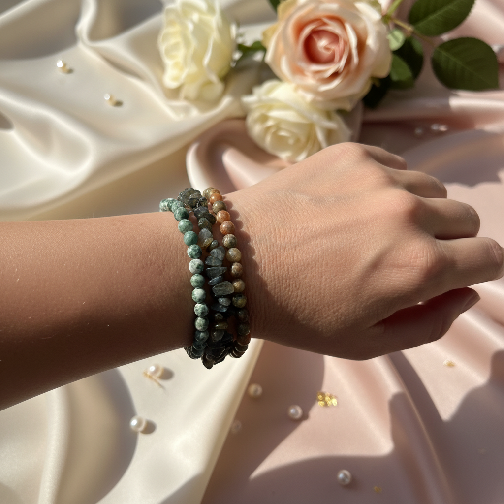 Bracelets on wrist with beautiful background