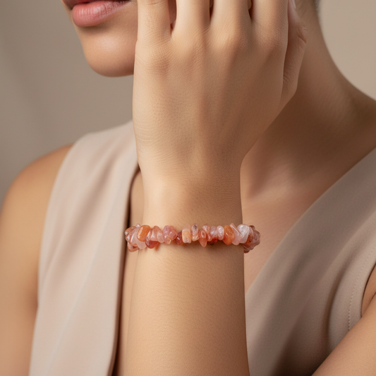 Carnelian Rose Quartz Chip Bracelet - Elegant Close-up