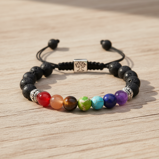 Chakra bracelet alone on wood