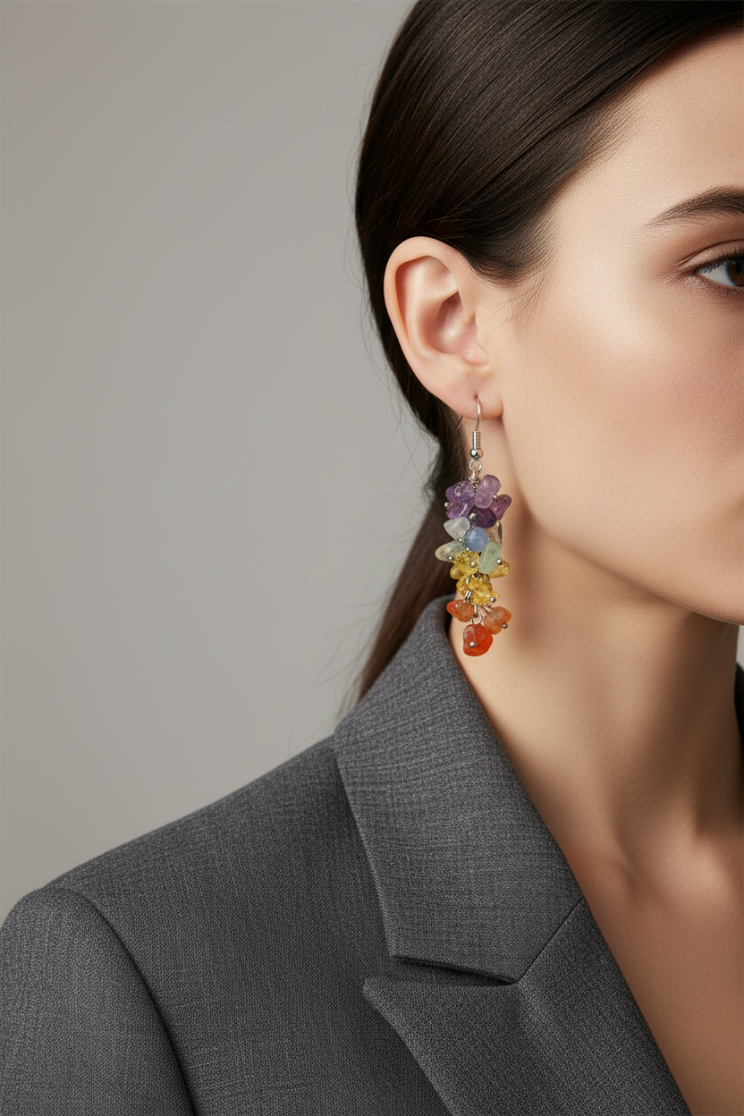Close-up Model Wearing Chakra Earrings