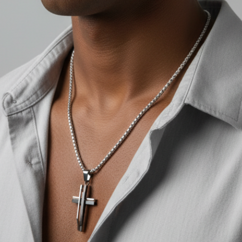 Cross Pendant - Afro Male Model Side Angle