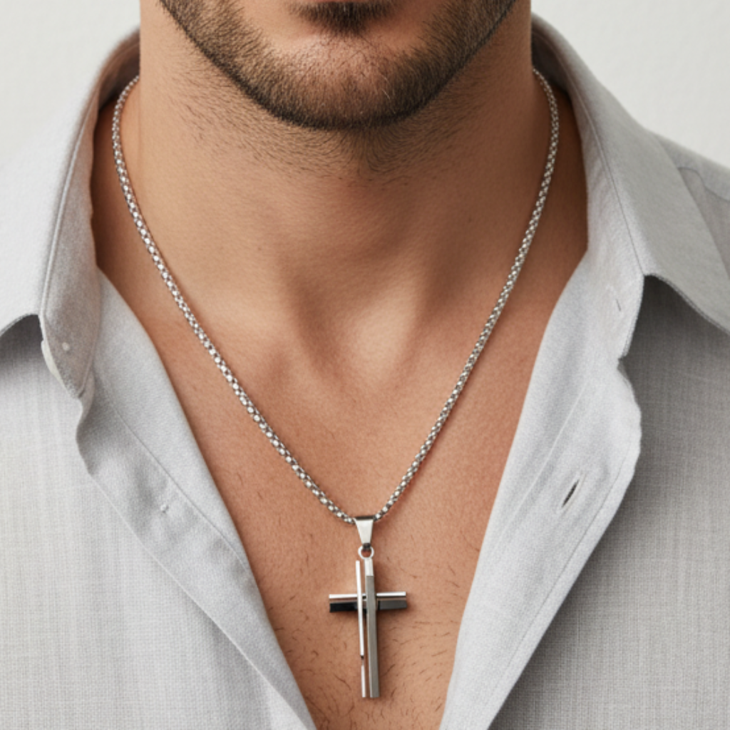 Cross Pendant on Male Model - Light Shirt
