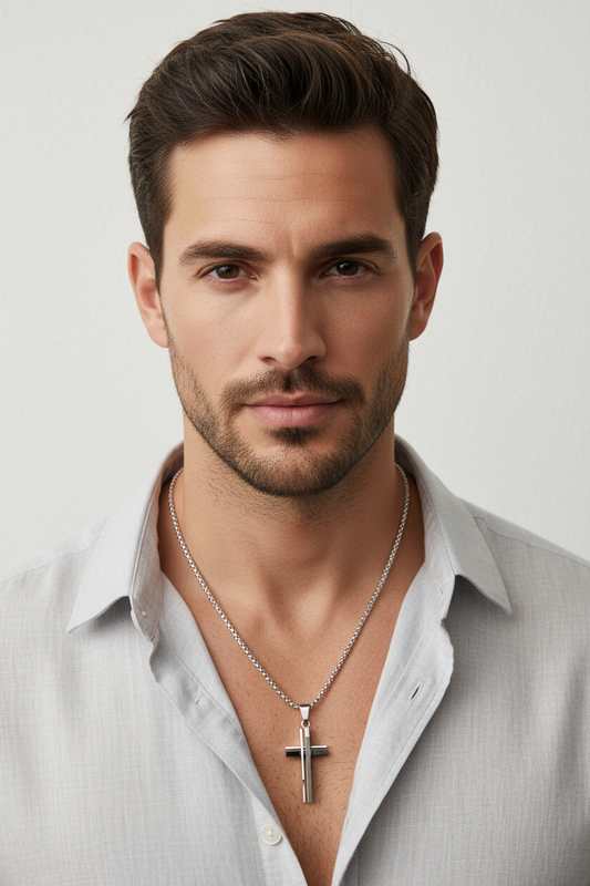 Cross Pendant on Male Model - Light Shirt