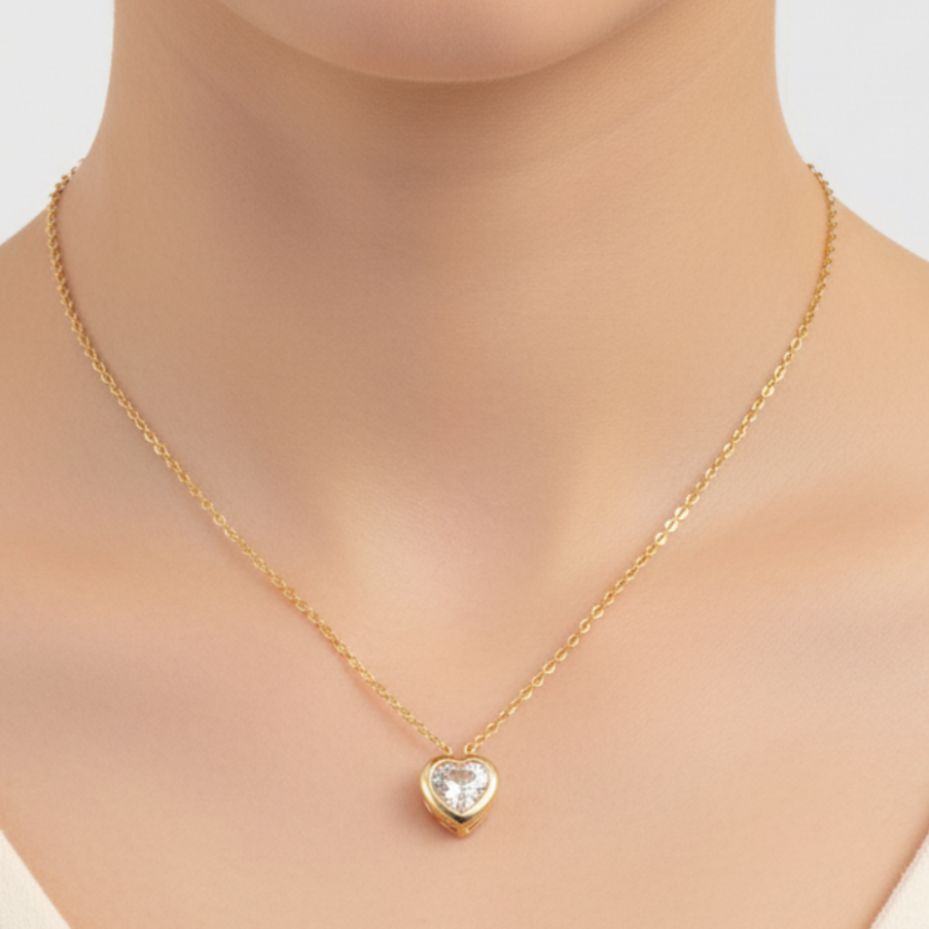 CZ Heart Necklace Gold Model Front