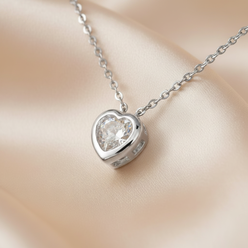CZ Heart Silver Pendant Champagne Satin