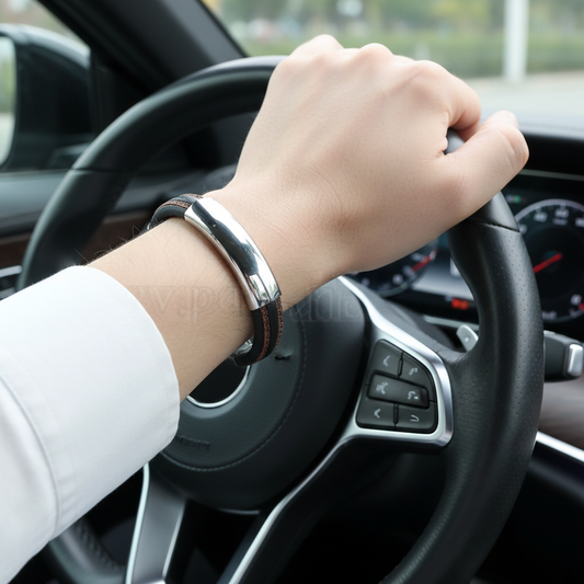 Dark Brown Leather Steel Bracelet - Driving
