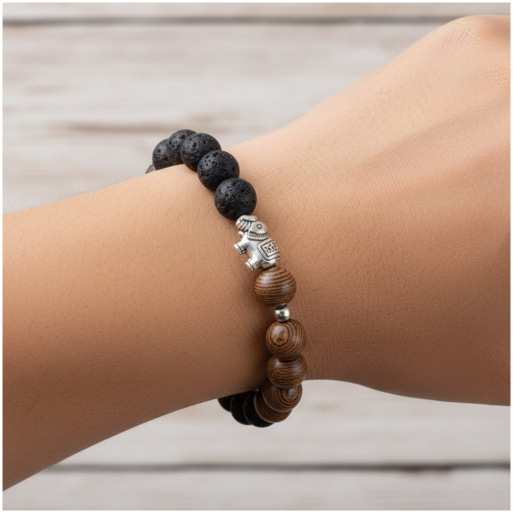 Elephant Lava Rock & Wood Bracelet - On Model Wrist