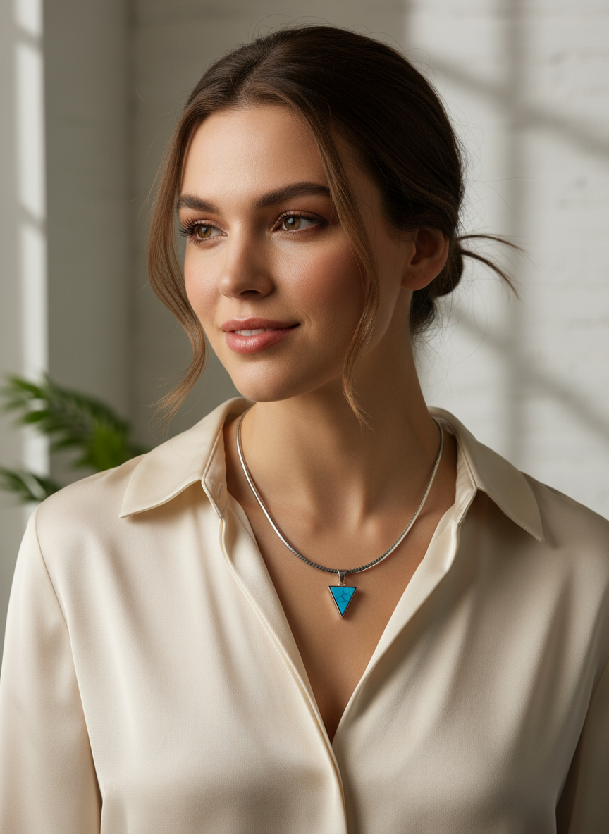 Female model wearing omega chain with turquoise triangle pendant