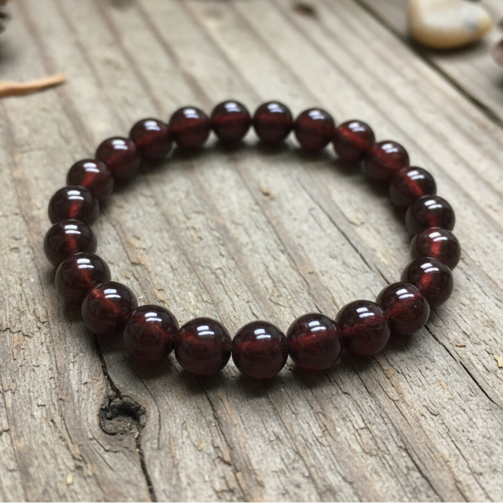 Garnet Bracelet on Wood