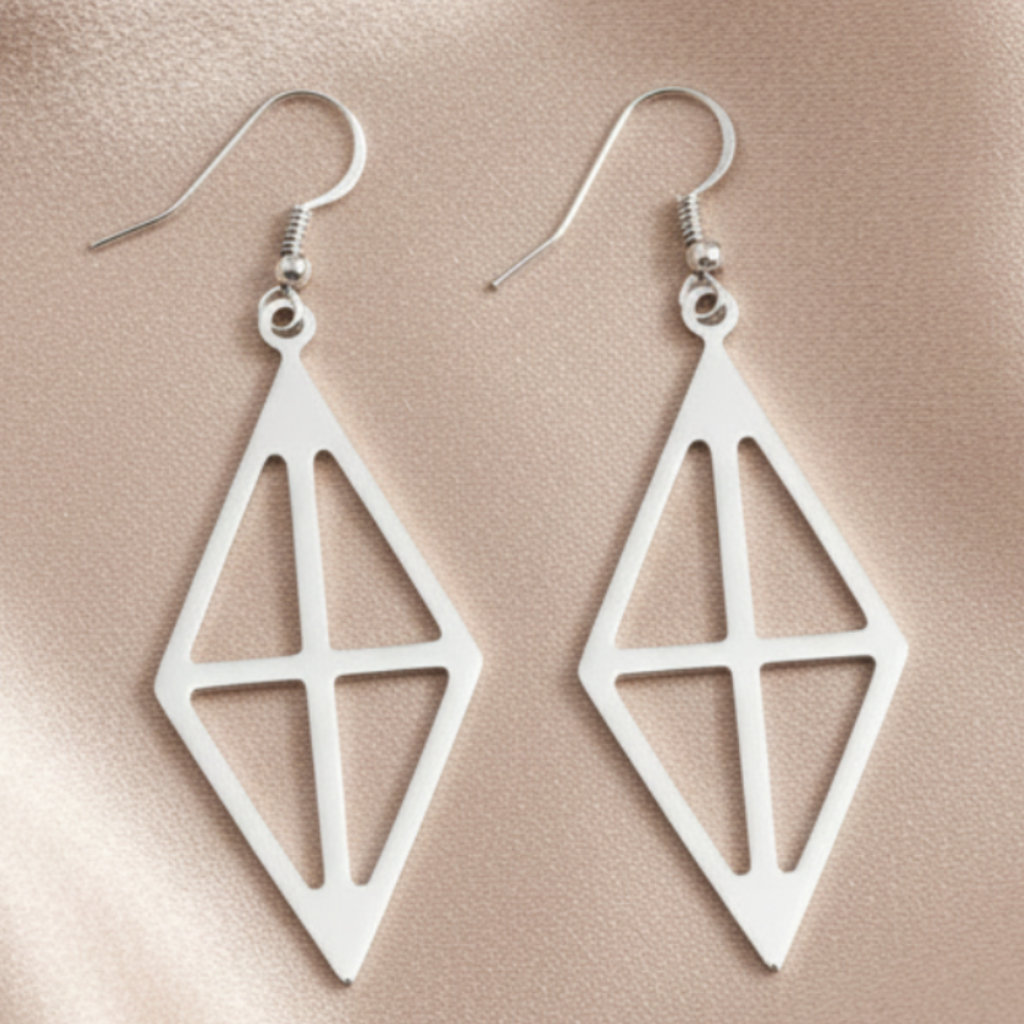 Geometric Diamond Earrings – Mirror Silver on Champagne Satin