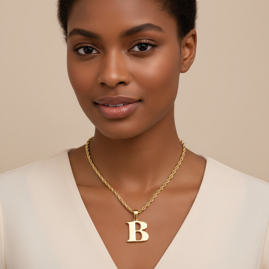 Gold B Letter on Rope Chain - Model Photo 1