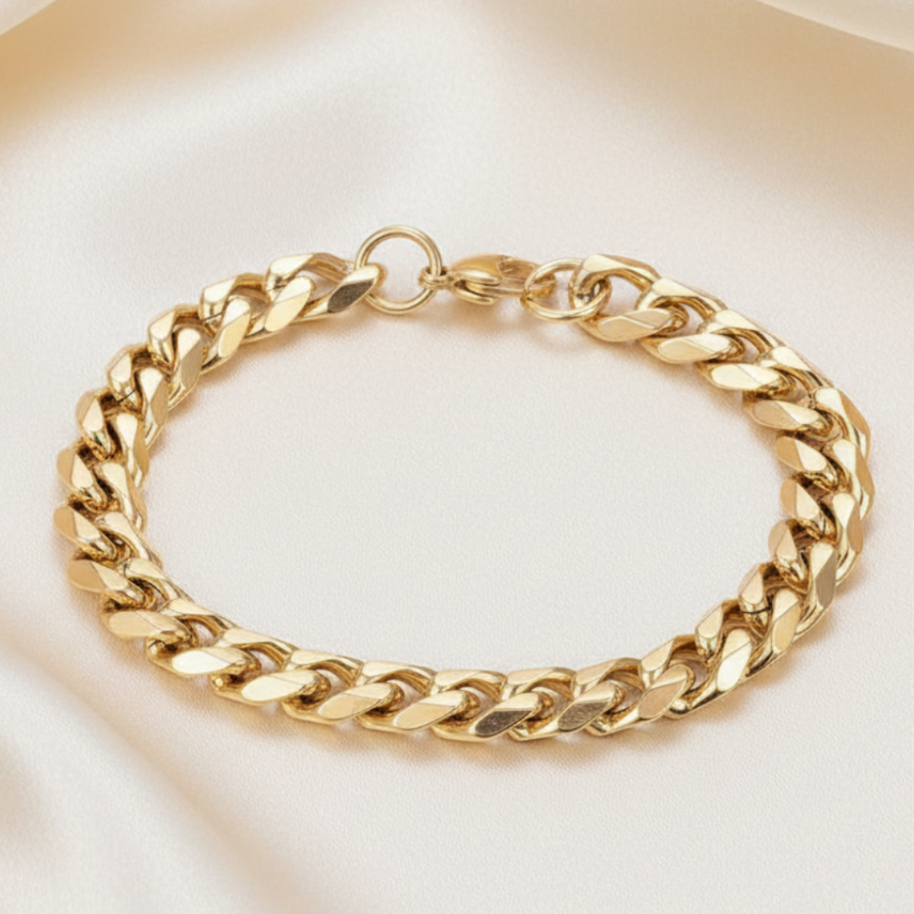 Gold Cuban Link Bracelet - Fondo Satinado Crema