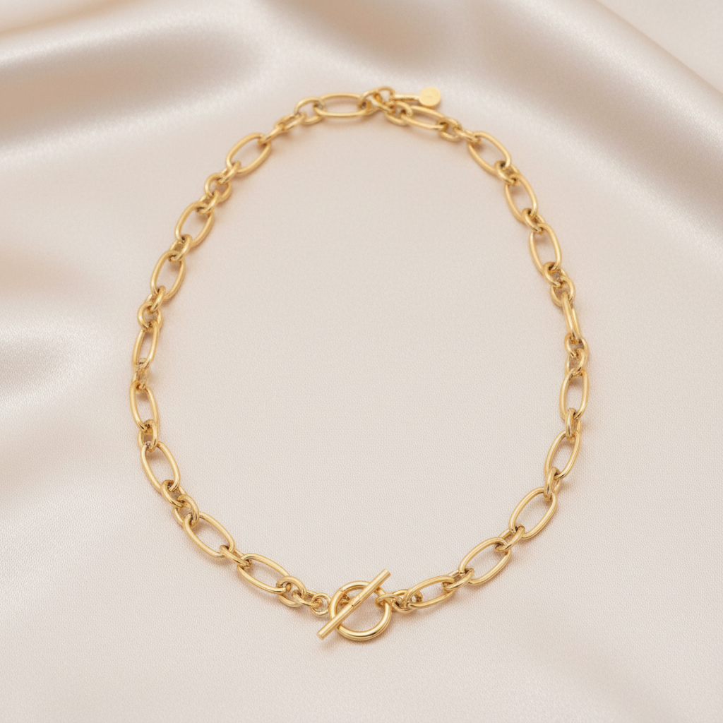 Gold Figaro Necklace Complete Flat Lay Champagne Satin