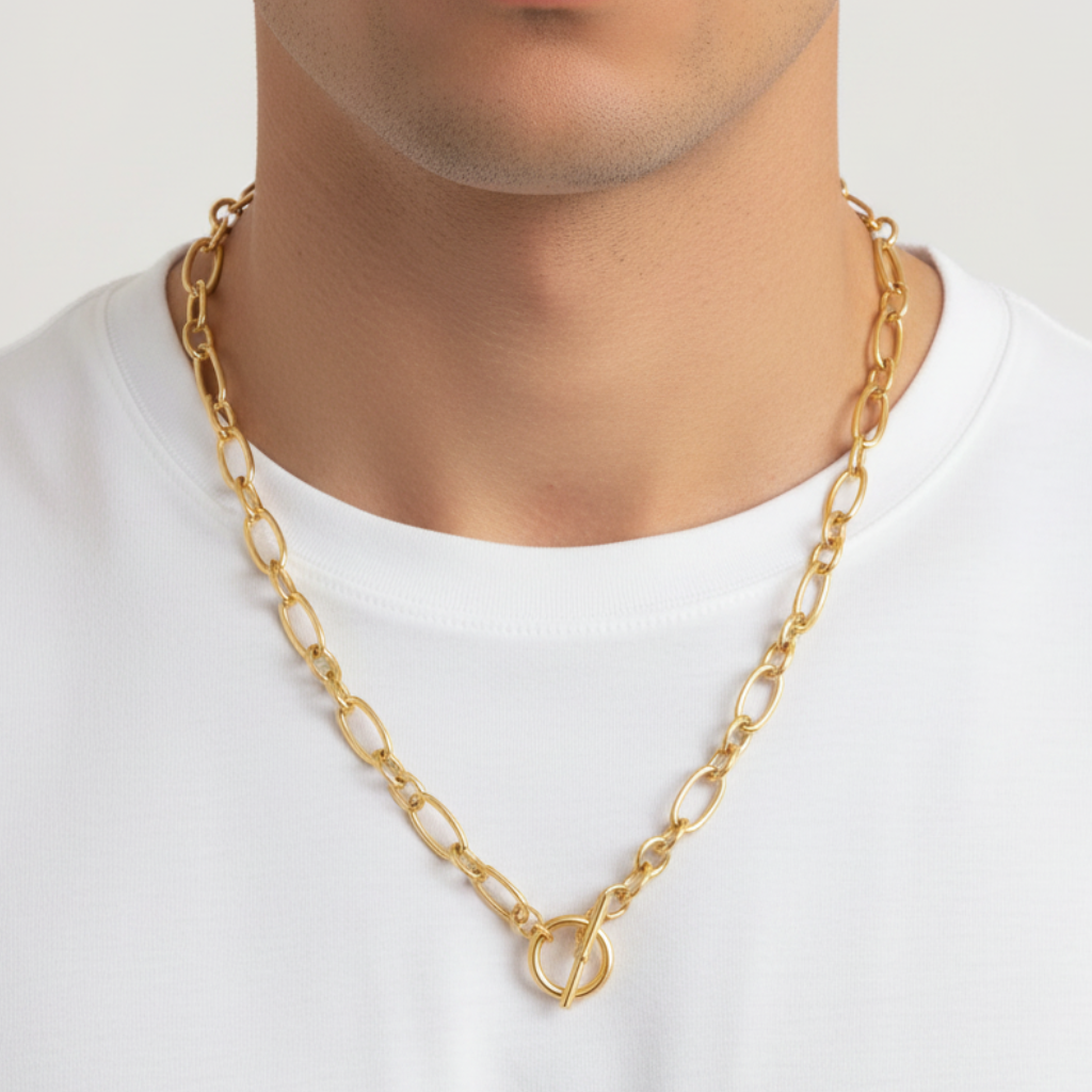 Gold Figaro Toggle Necklace Male Model