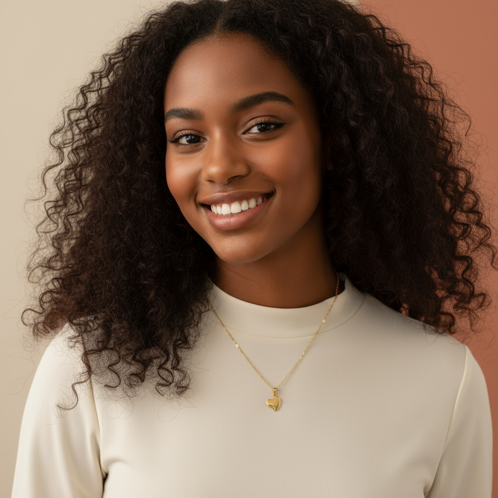 Gold Heart Necklace - African American Model Natural Hair Modest