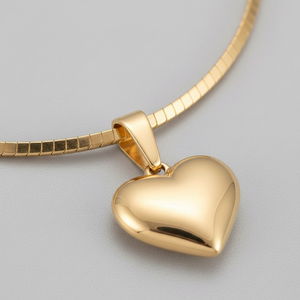 Gold Heart Necklace - Omega Chain Detail Close-up
