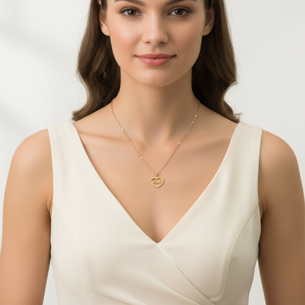 Gold Love Heart Necklace on Model