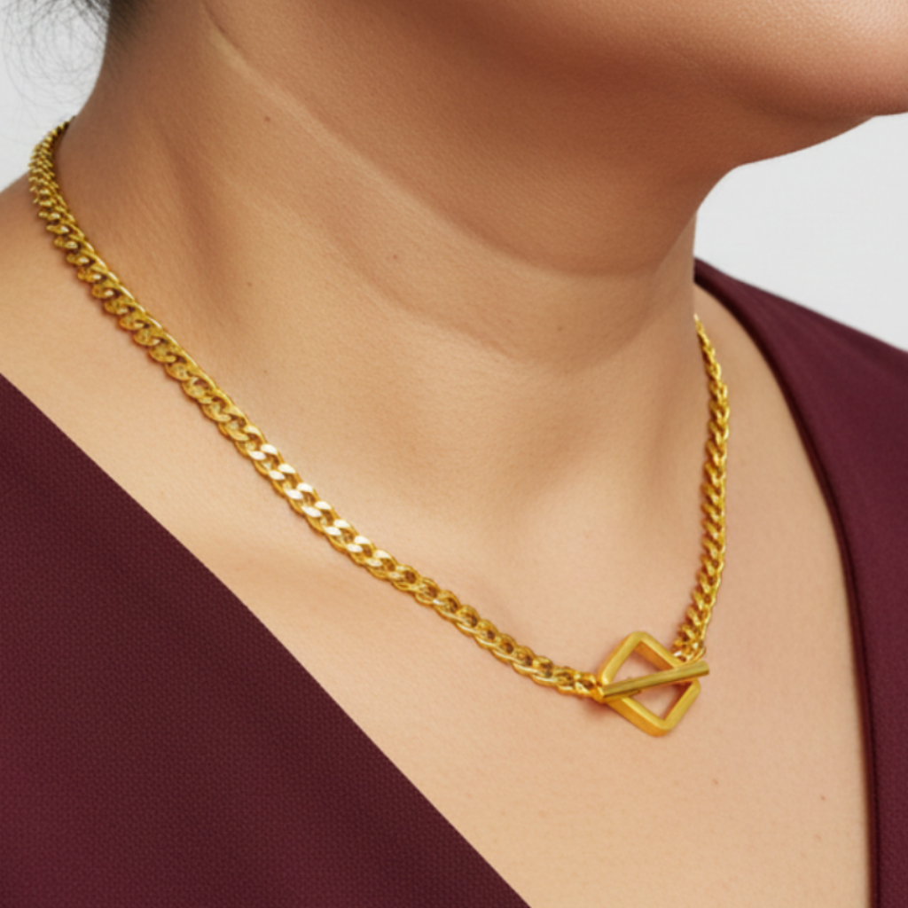 Gold Toggle Necklace Mature Plus Latina Side View Wine