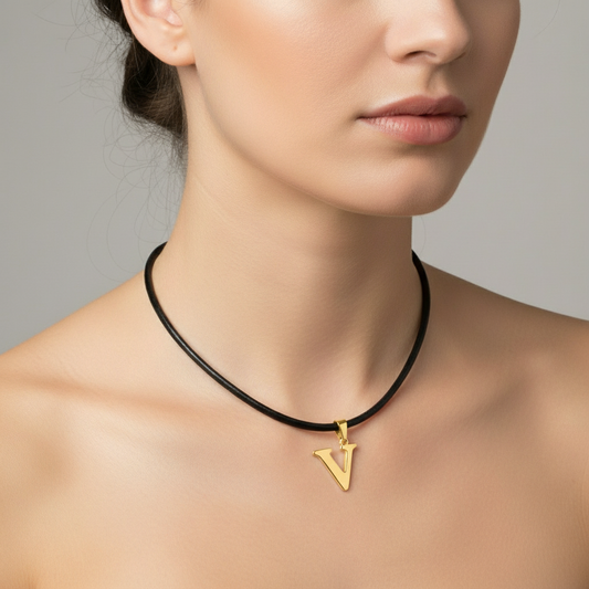 Gold V Letter on Black Leather Cord
