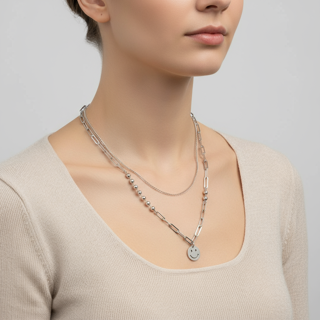 Happy Face Layered Necklace - On Model