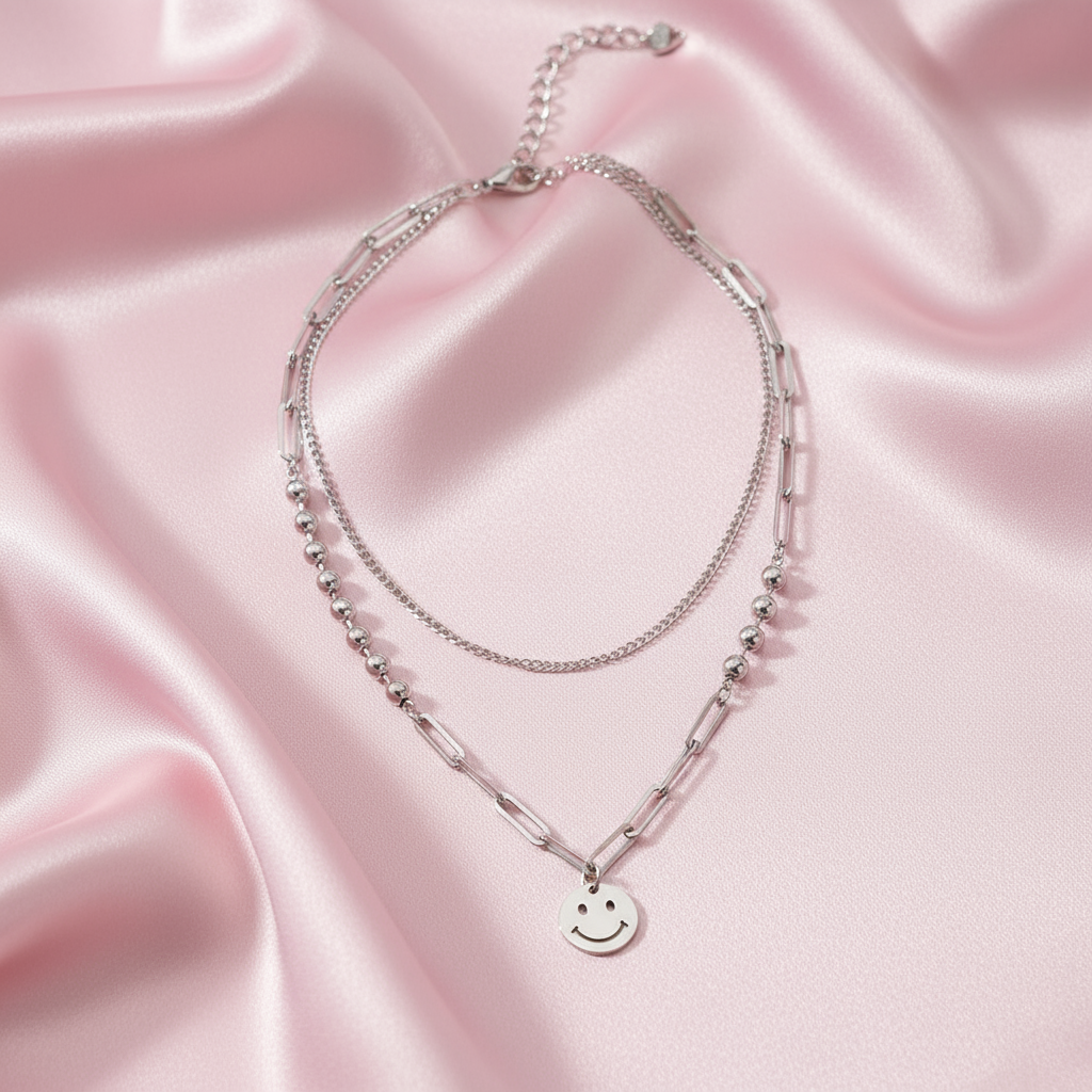 Happy Face Necklace - Pink Satin