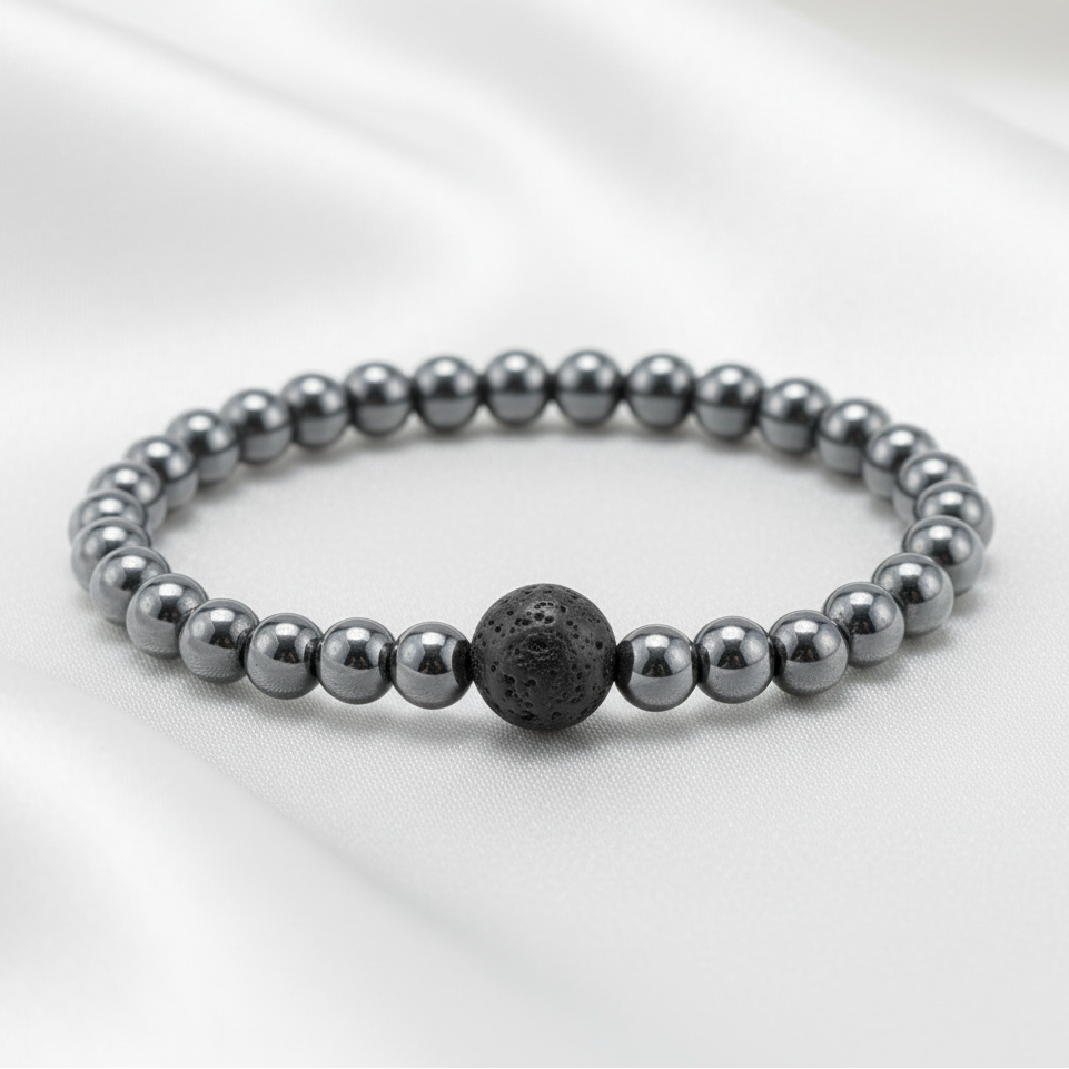Hematite & Lava Stone Bracelet - Light Satin Background