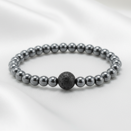 Hematite & Lava Stone Bracelet - Light Satin Background