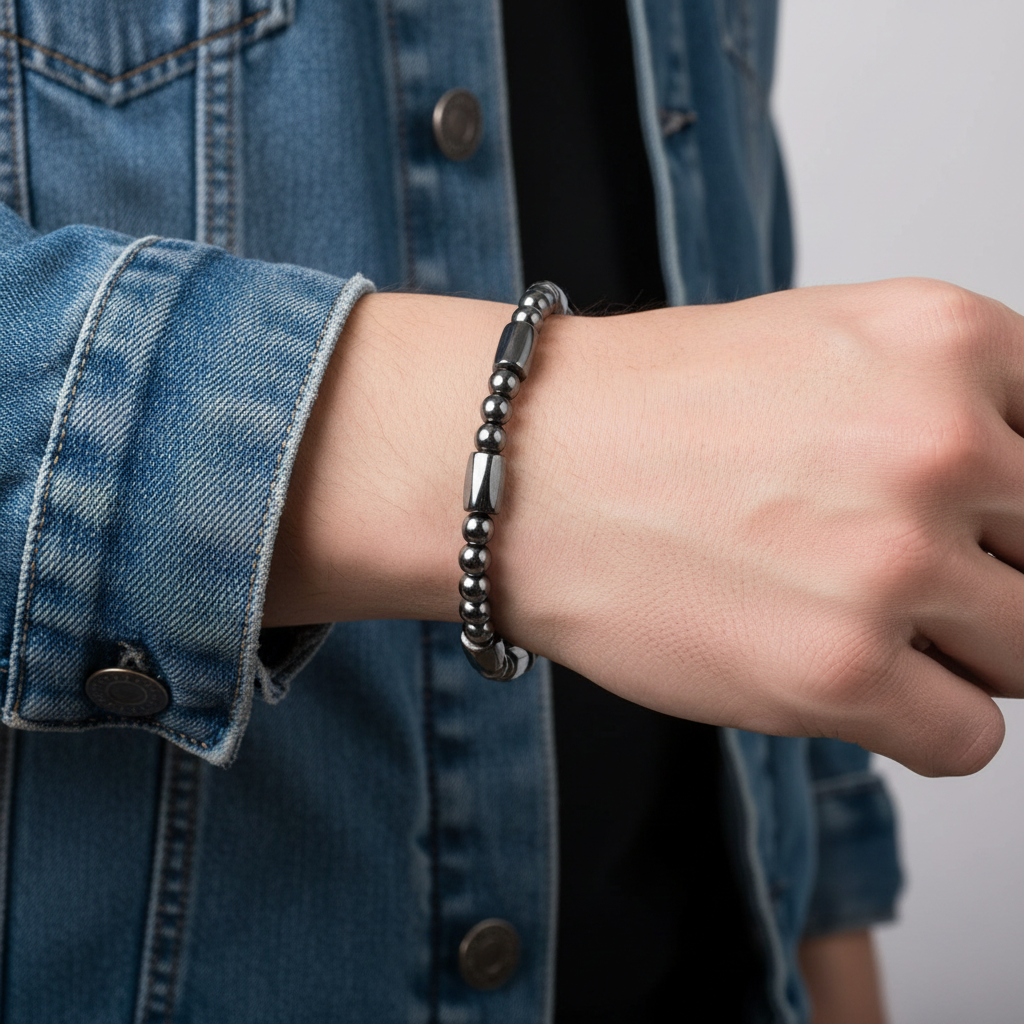 Hematite Tube Bracelet Male Denim
