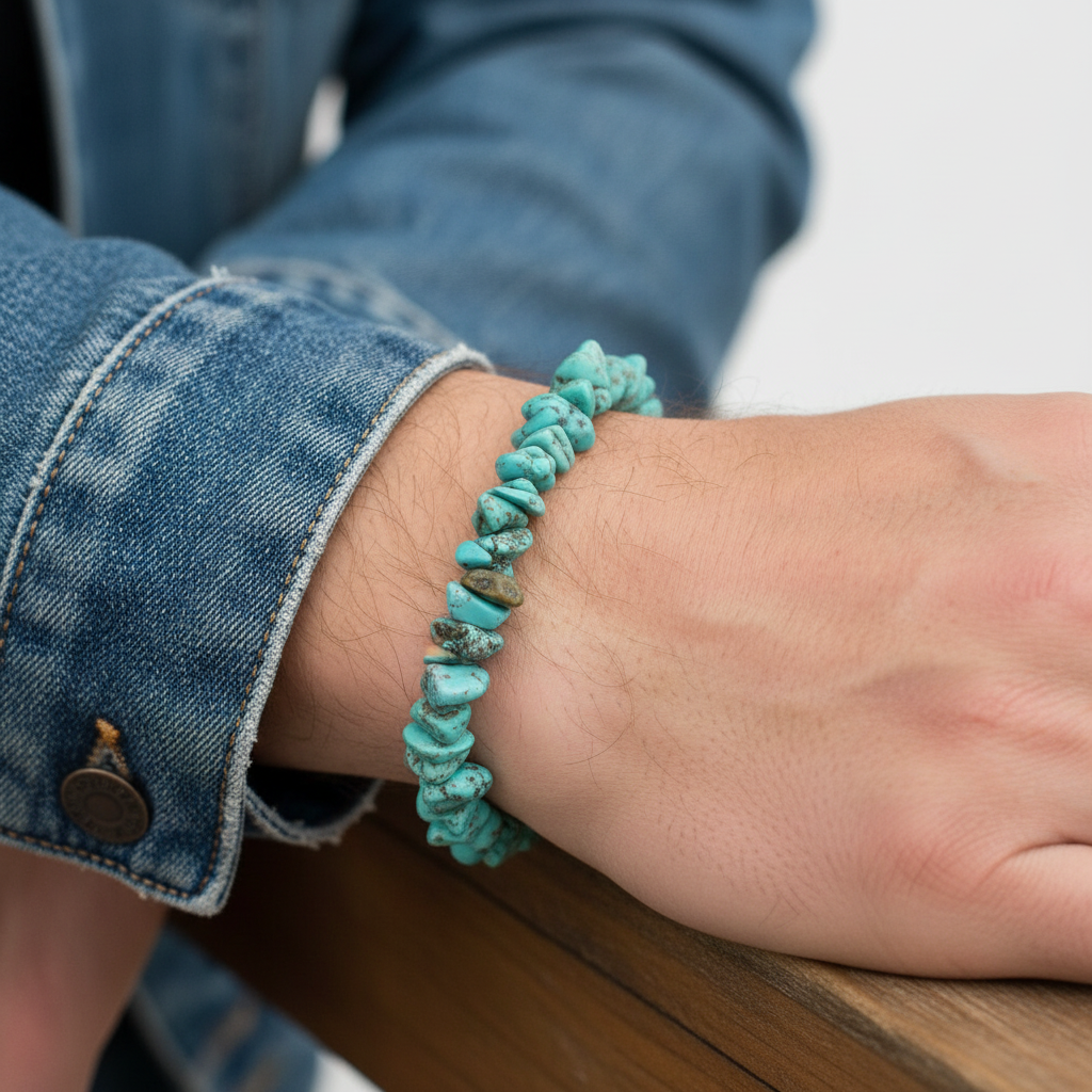 Hombre con pulsera de turquesa chip - denim jacket