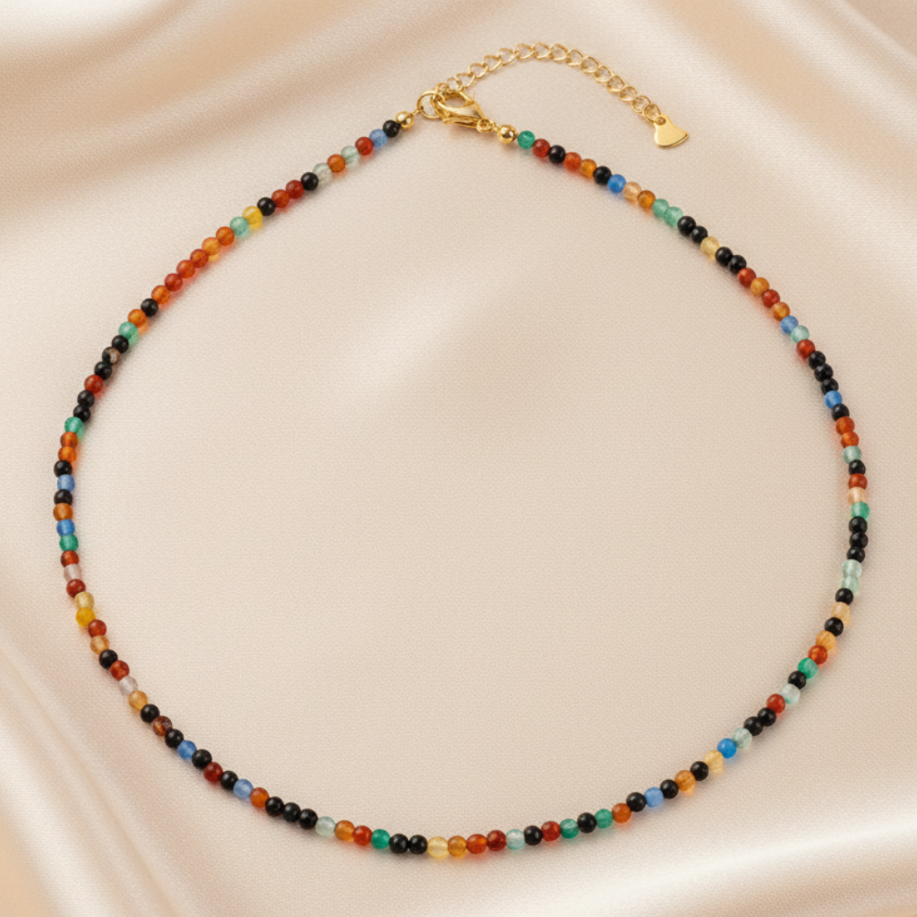 Indian Agate Choker Champagne Satin Flat Lay