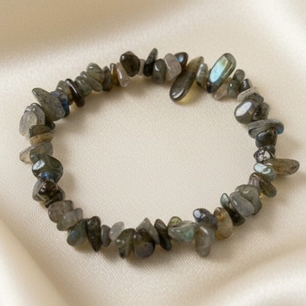 Labradorite Chip Bracelet on Cream Satin