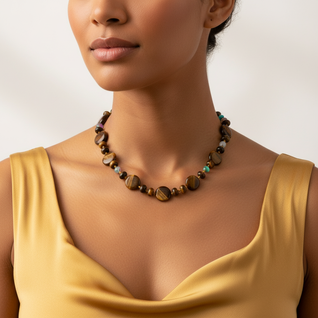 Latina model in gold clothing with tiger eye necklace - smaller beads