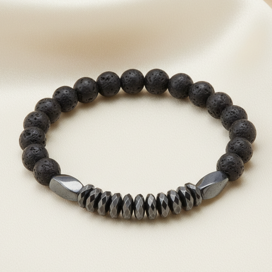 Lava & Hematite on Cream Satin