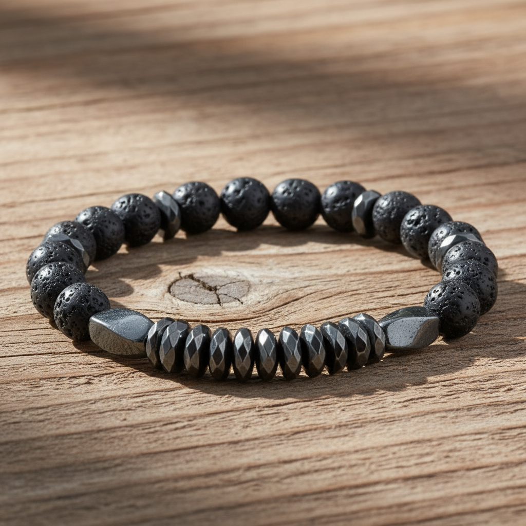 Lava rock bracelet on wooden surface