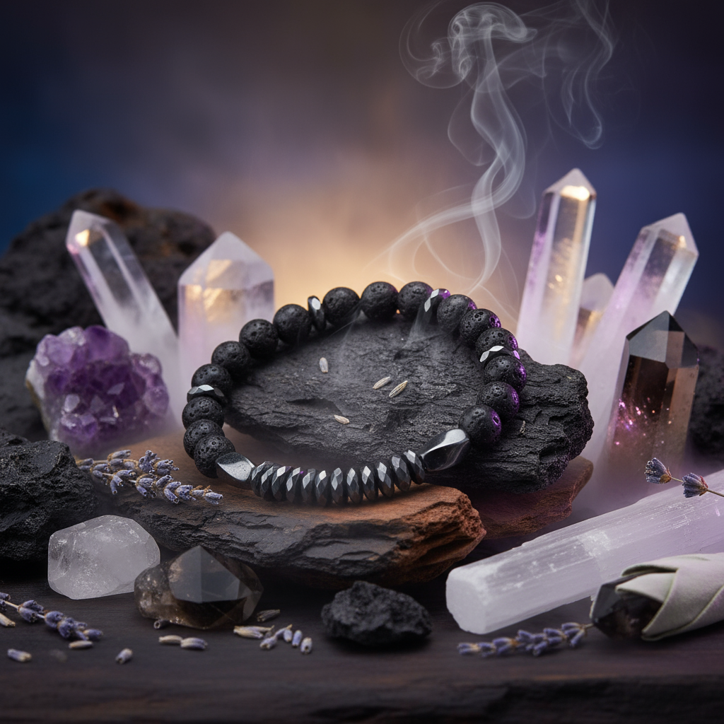 Lava rock bracelet with energetic spiritual theme