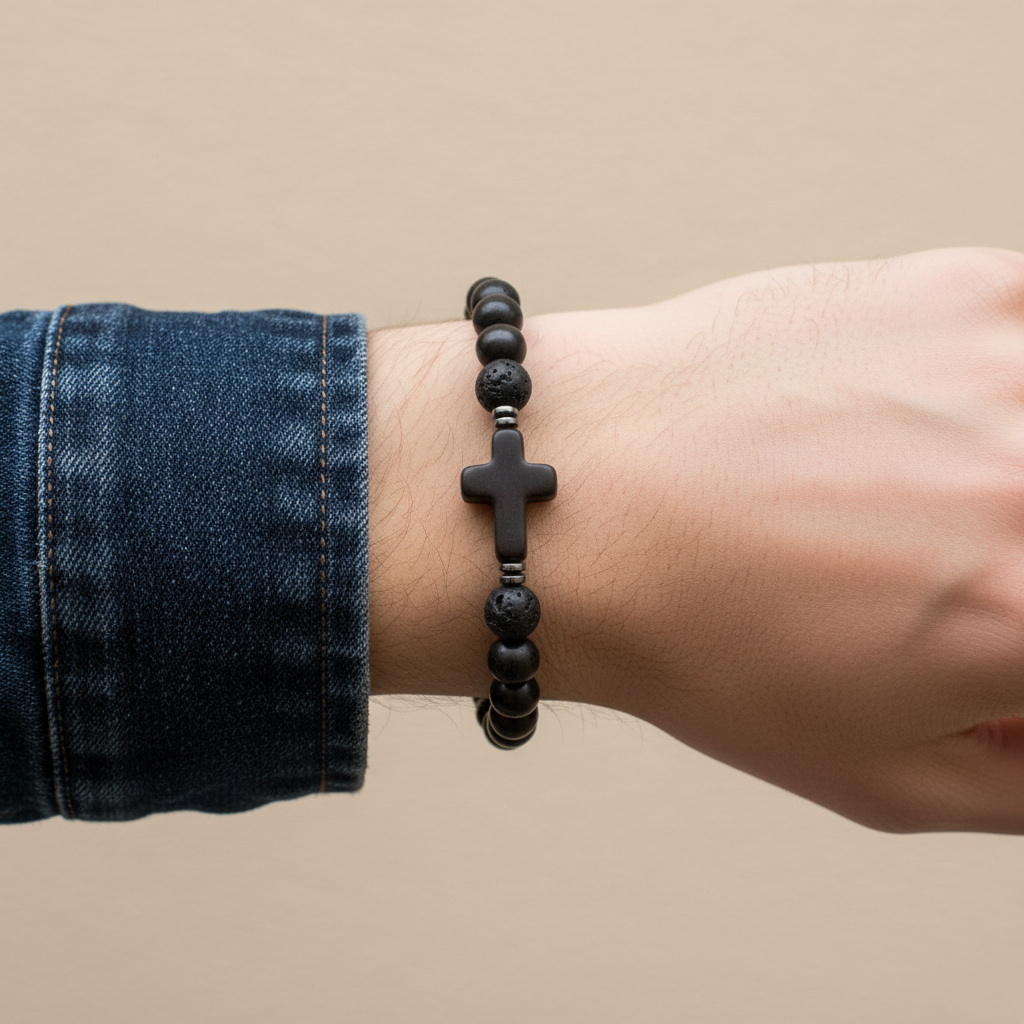 Lava Stone Cross Bracelet Denim