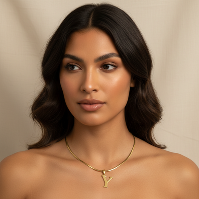 Letter Y Gold Pendant with Omega Chain Correct Length on Latina Model