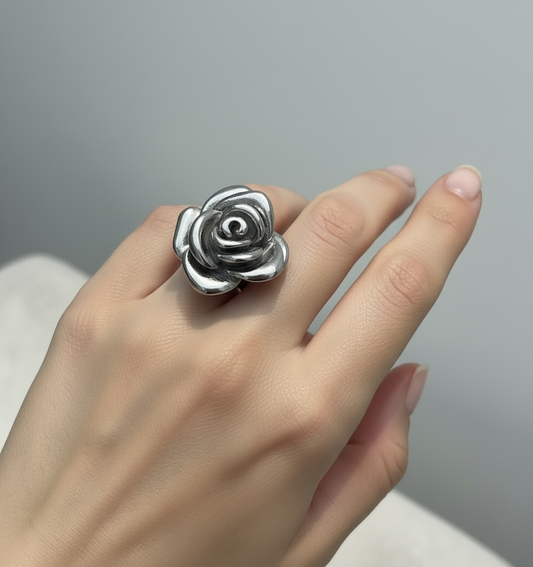 Lighter Stainless Steel Rose Ring on Ring Finger