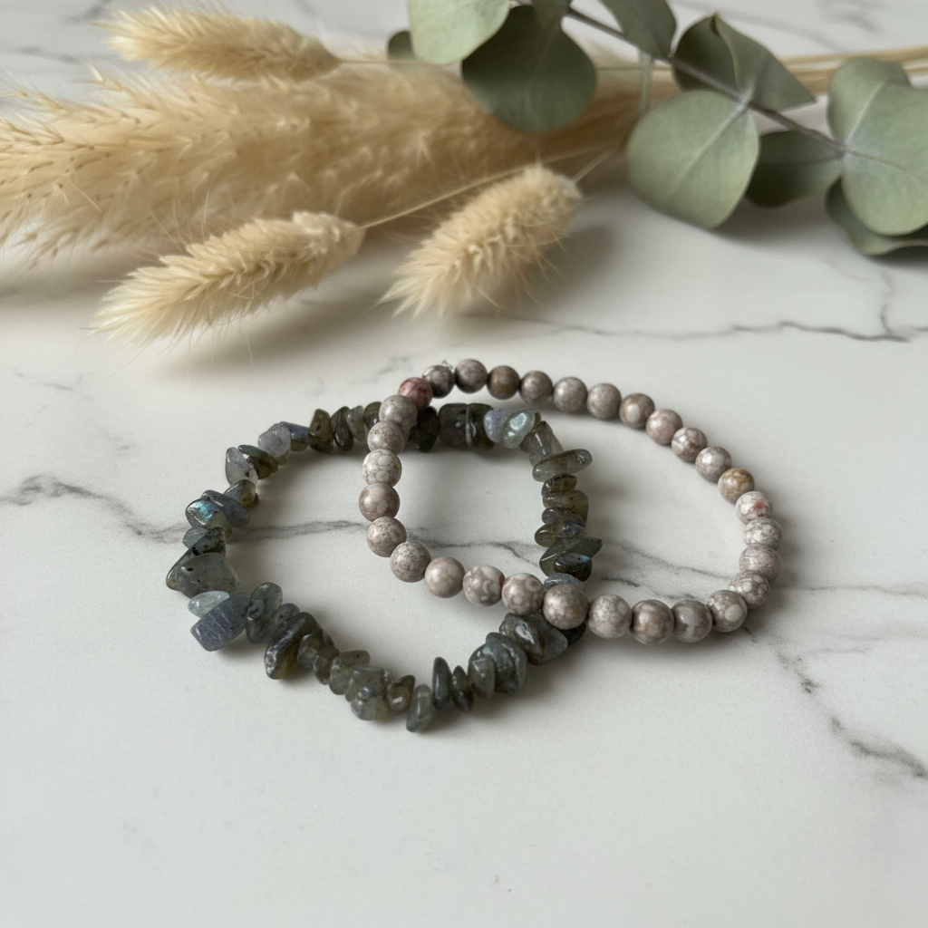 Maifanite and Labradorite bracelet set with elegant background