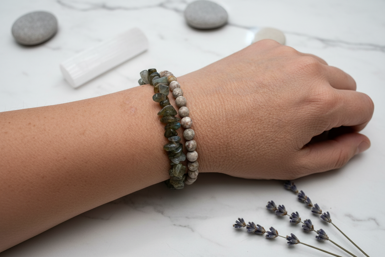 Maifanite and Labradorite bracelets on wrist