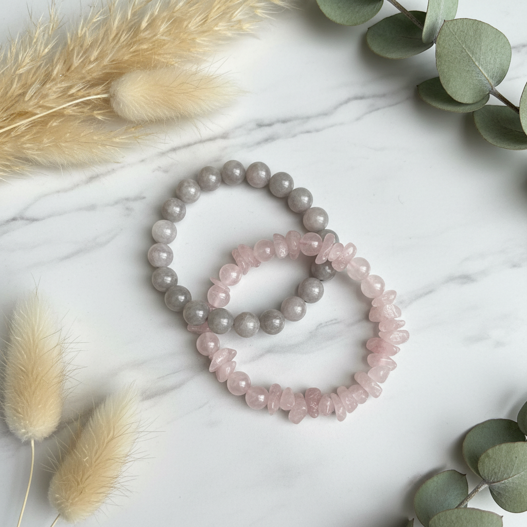 Maifanite and Rose Quartz bracelet set with elegant background