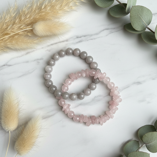 Maifanite and Rose Quartz bracelet set with elegant background